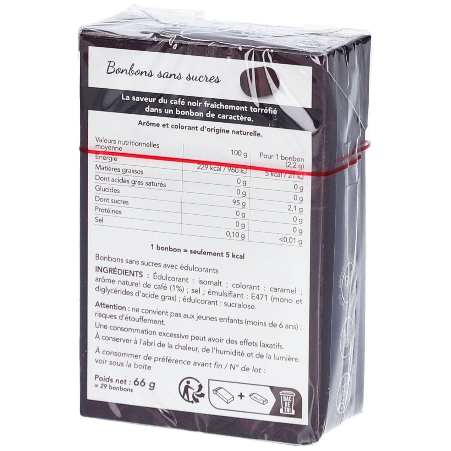 Rückseite der Verpackung von Solens Café sans sucres. Nährwertangaben, Zutatenliste, Warnhinweise. Gewicht: 66 g, 29 Bonbons.