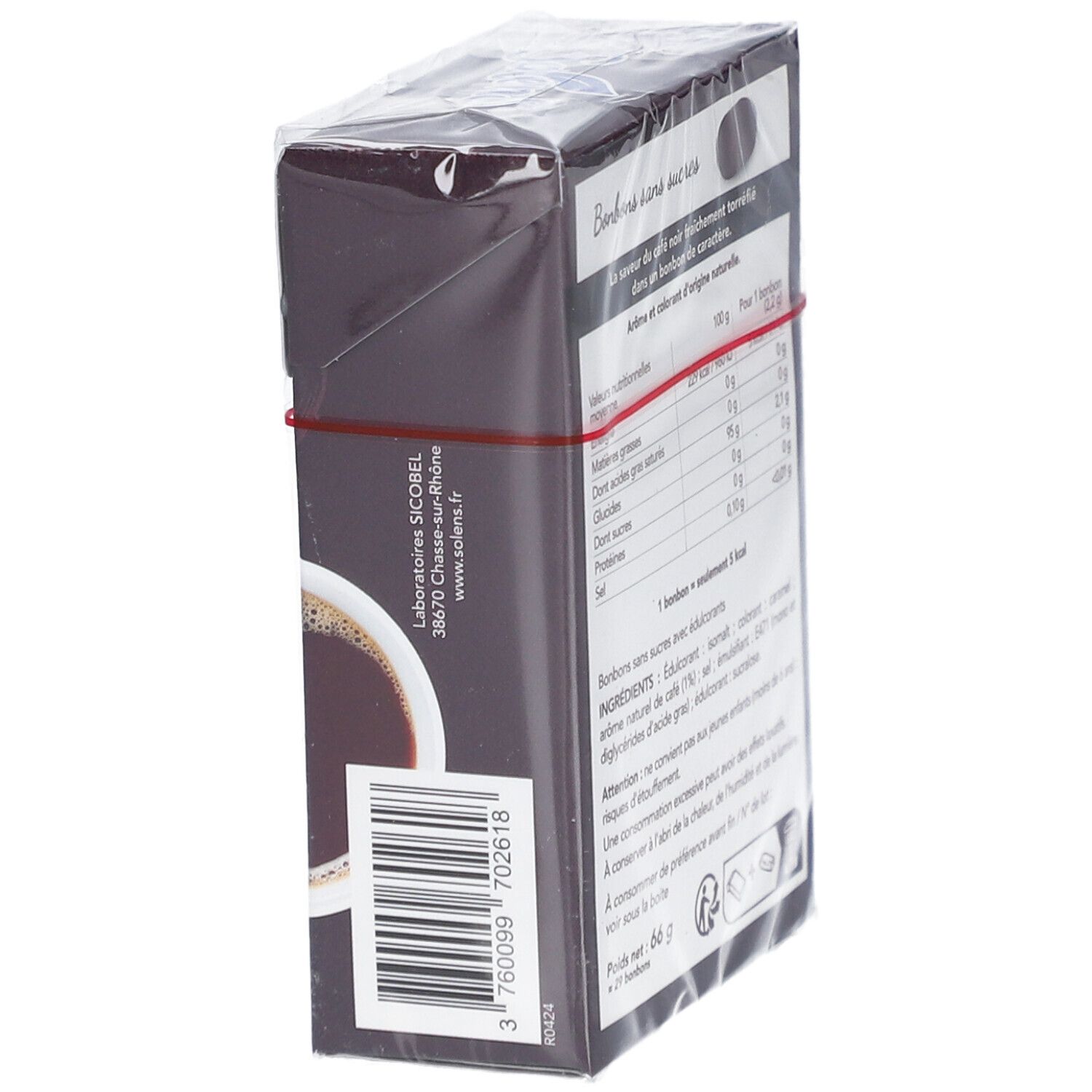 Seitenansicht der Verpackung von Solens Café sans sucres. Nährwertangaben, Zutatenliste. Barcode. Herstelleradresse: SICOREL.