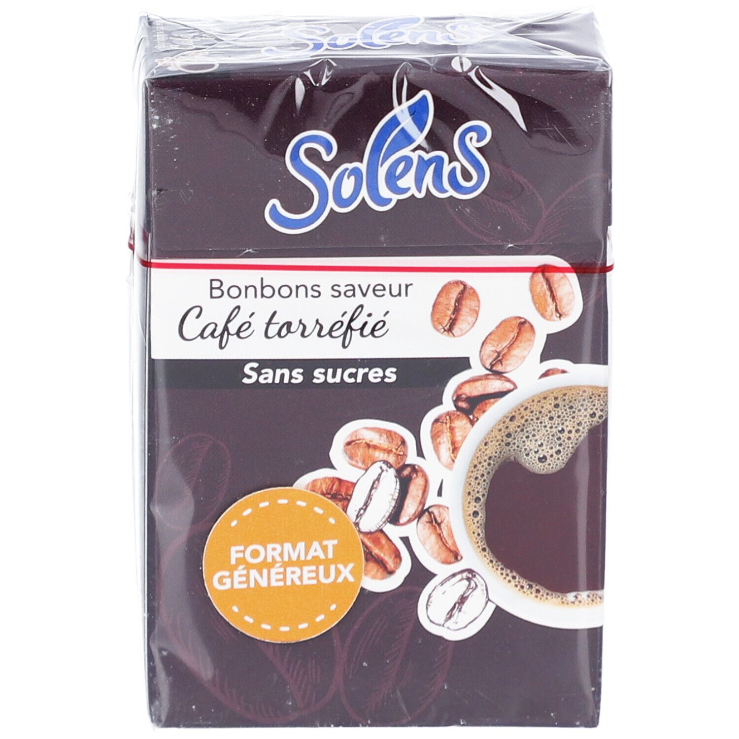 Verpackung von Solens Café sans sucres. Aufdruck: Bonbons saveur Café torréfié, Sans sucres. Abbildung von Kaffeebohnen und Tasse Kaffee. Format généreux.