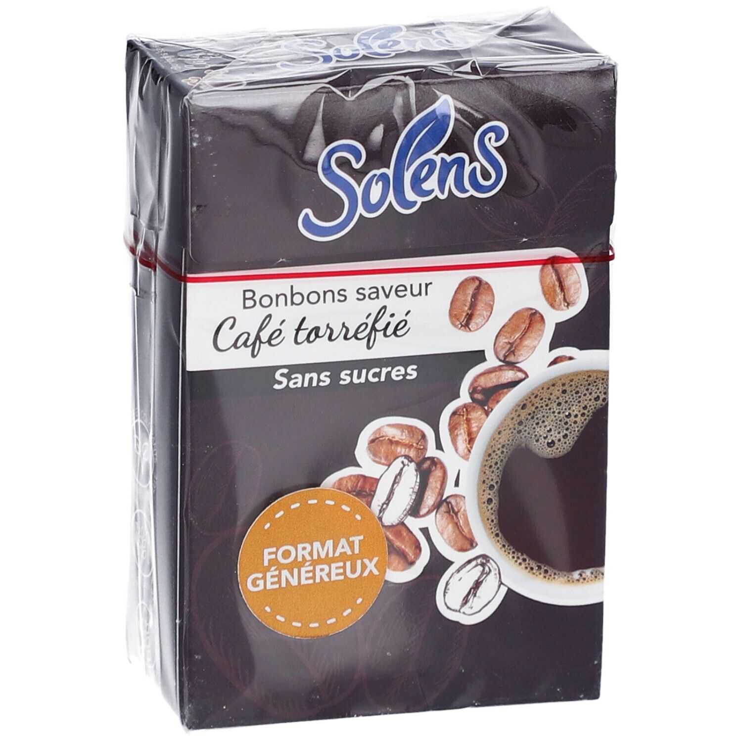 Verpackung von Solens Café sans sucres. Aufdruck: Bonbons saveur Café torréfié, Sans sucres. Abbildung von Kaffeebohnen und Tasse Kaffee. Format généreux.