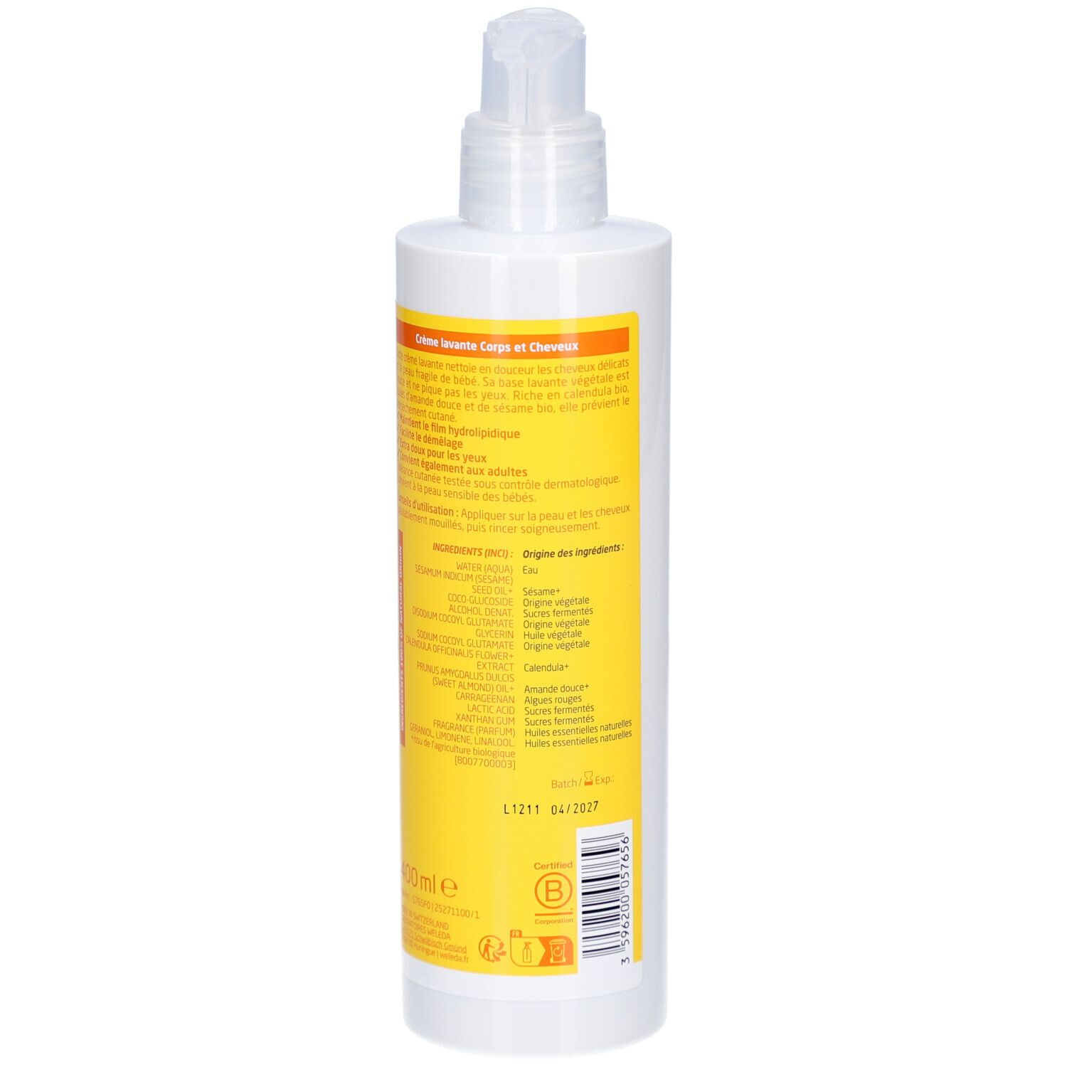 Rückseite der weißen Flasche mit gelbem Etikett. Text in mehreren Sprachen. Aufschrift: Inhaltsstoffe. Mit Spender.