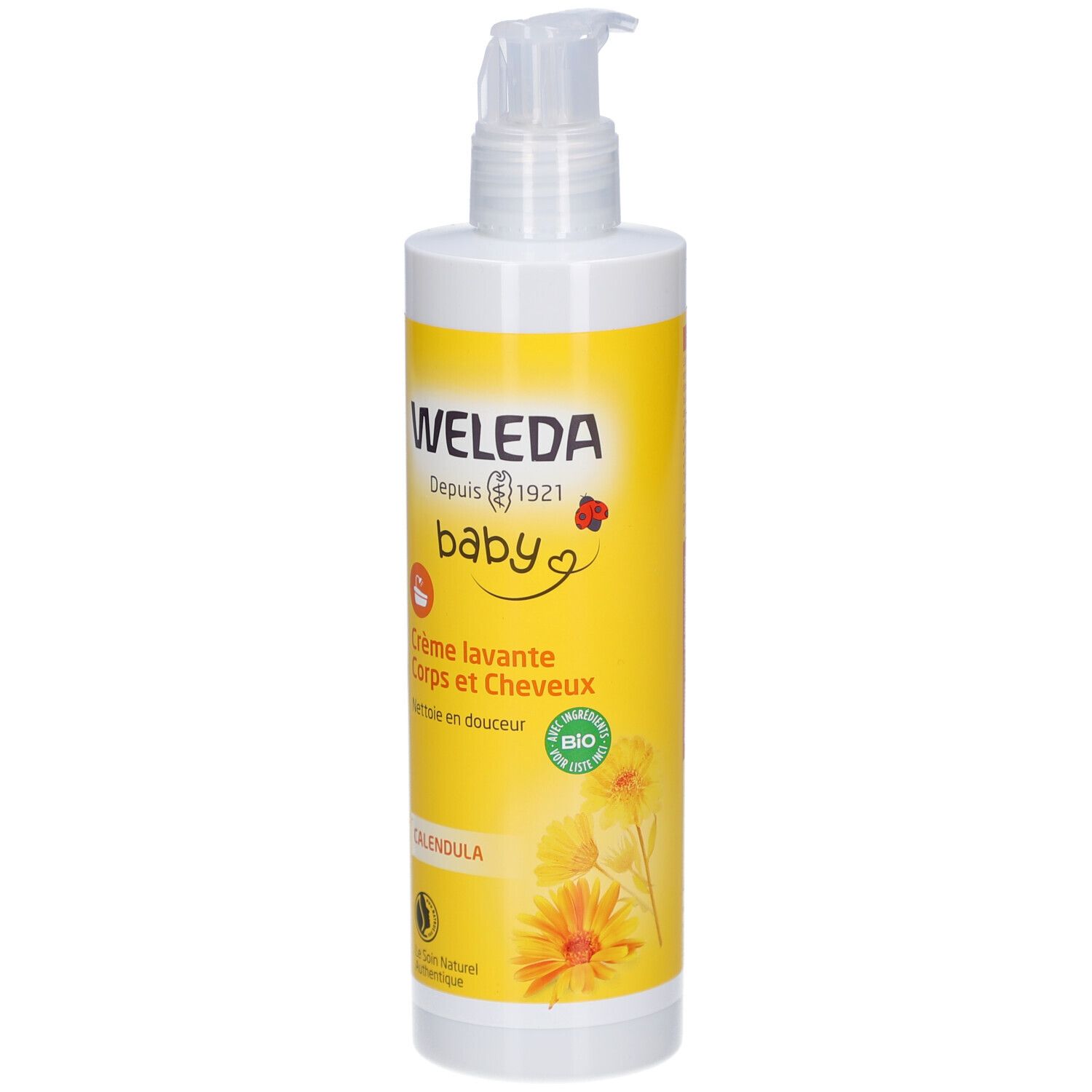 Weiße Flasche mit gelbem Etikett. Aufschrift: WELEDA baby Crème lavante Corps et Cheveux Calendula. Mit Spender.