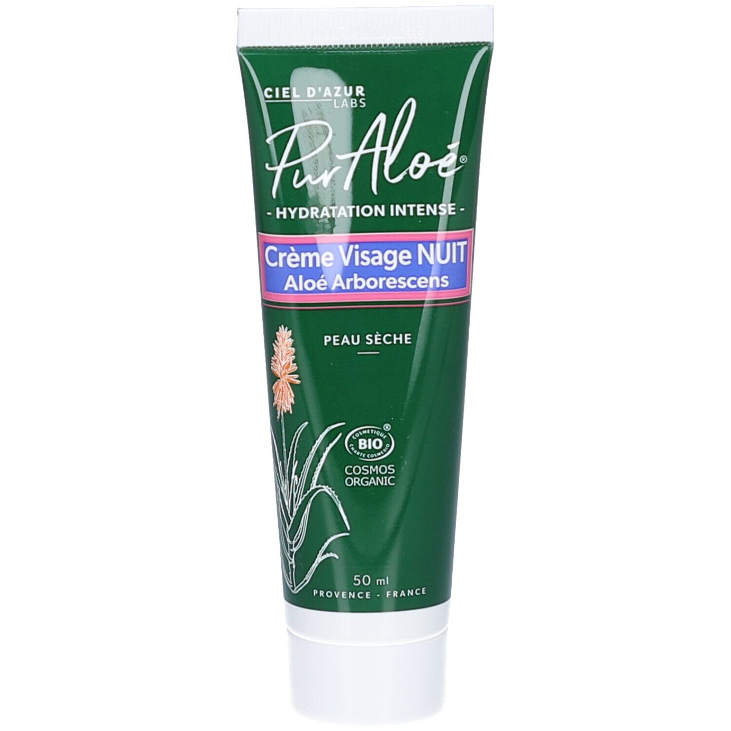 Tube vert CIEL D'AZUR Pur Aloé Crème Visage Nuit. Inscriptions blanches et roses. Certification bio. Illustration d'aloe vera.