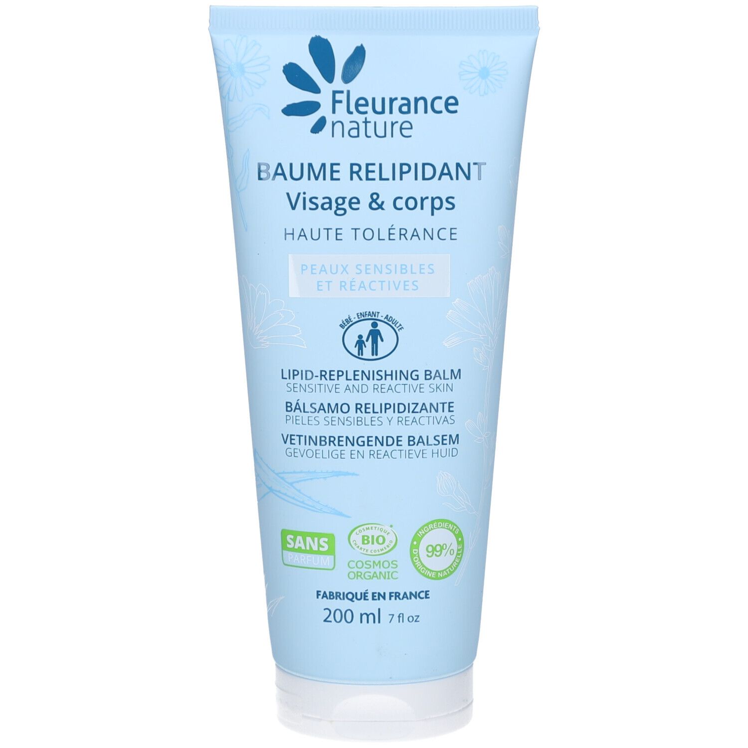 Hellblaue Tube mit Produktnamen und Logo. Text: Baume Relipidant, Visage & corps, Haute tolérance. Bio-Siegel.