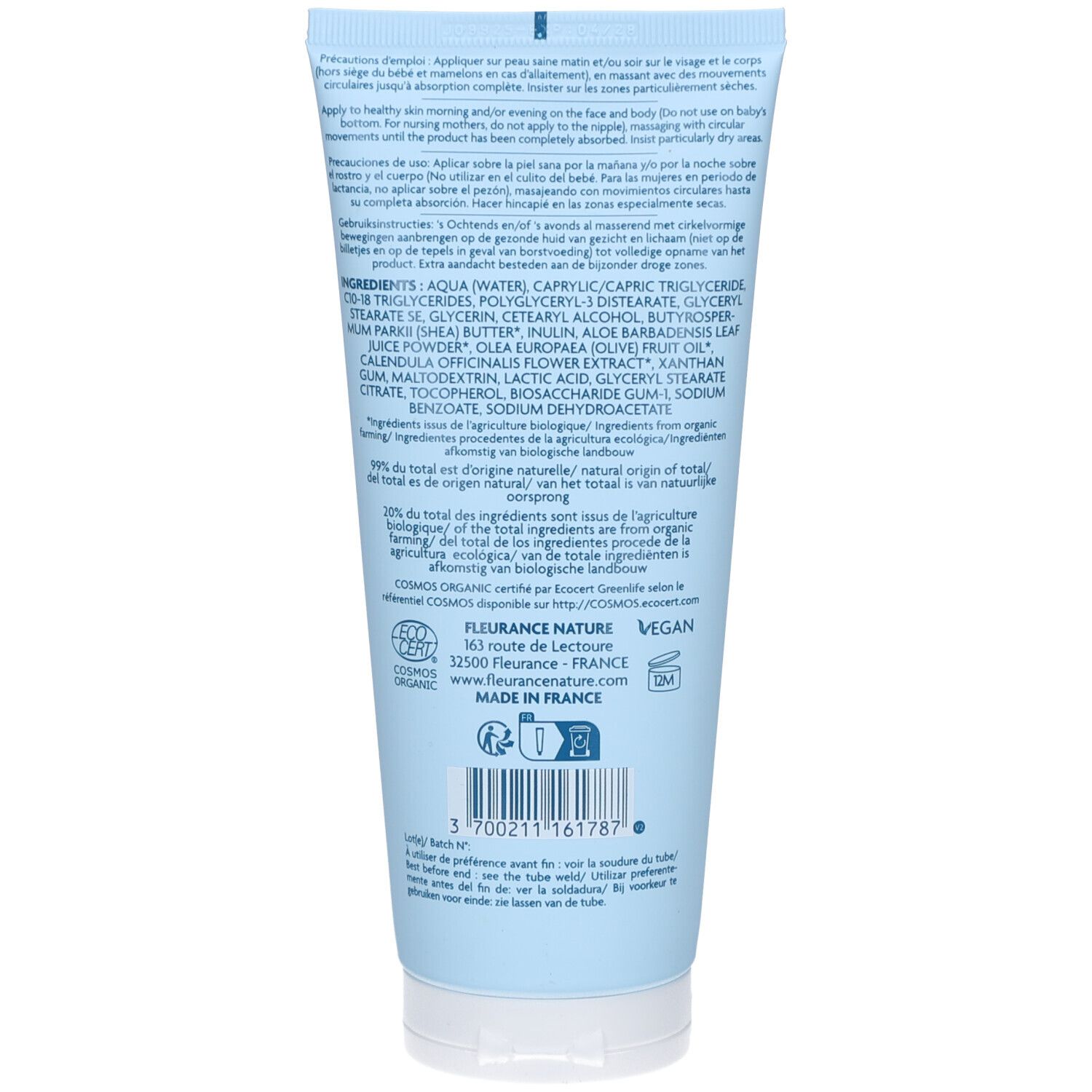 Rückseite der Tube. Text: Inhaltsstoffe, Herkunft, Bio-Siegel, Vegan-Logo. Herstelleradresse und Barcode.