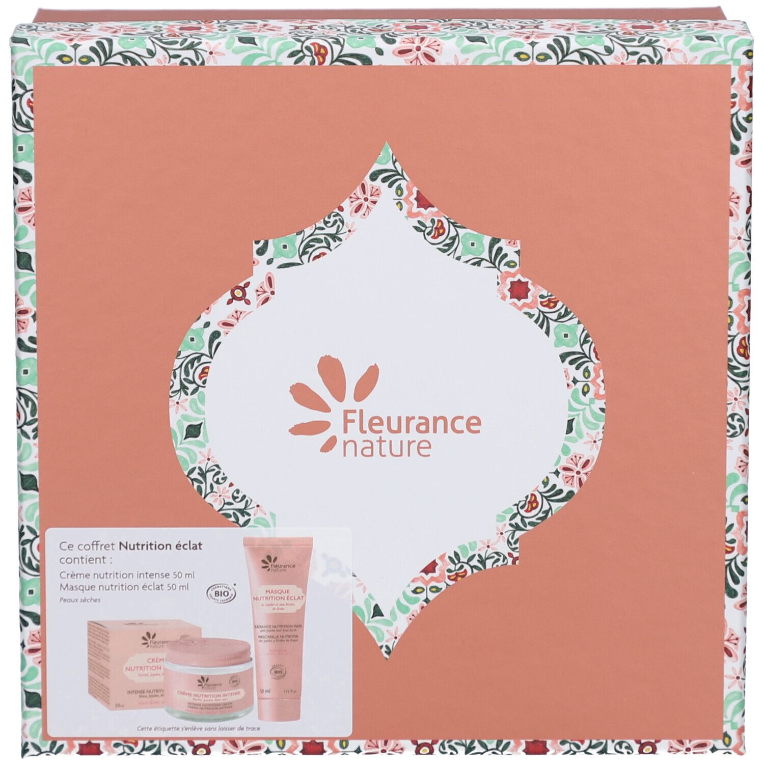 Geschenkbox mit Kosmetikprodukten. Enthält Creme, Maske und Tube. Aufschrift: Fleurance nature, Nutrition éclat.