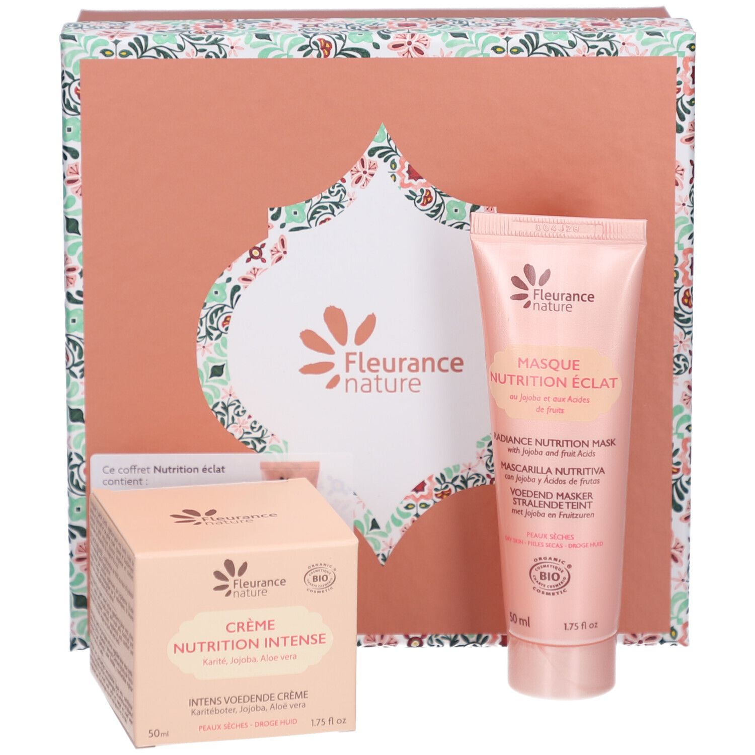 Kosmetikprodukte in Geschenkbox. Enthält Creme und Maske. Aufschrift: Fleurance nature, Crème Nutrition Intense, Masque Nutrition éclat.