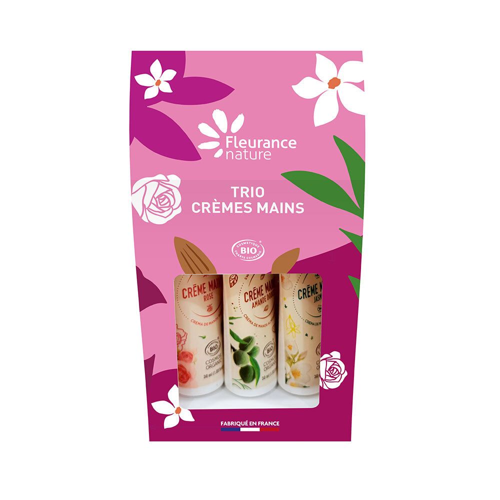 Trio Handcremes in rosa Verpackung. Drei Tuben mit floralen Motiven und Bio-Siegel. Aufschrift: Trio Crèmes Mains, Fleurance Nature.