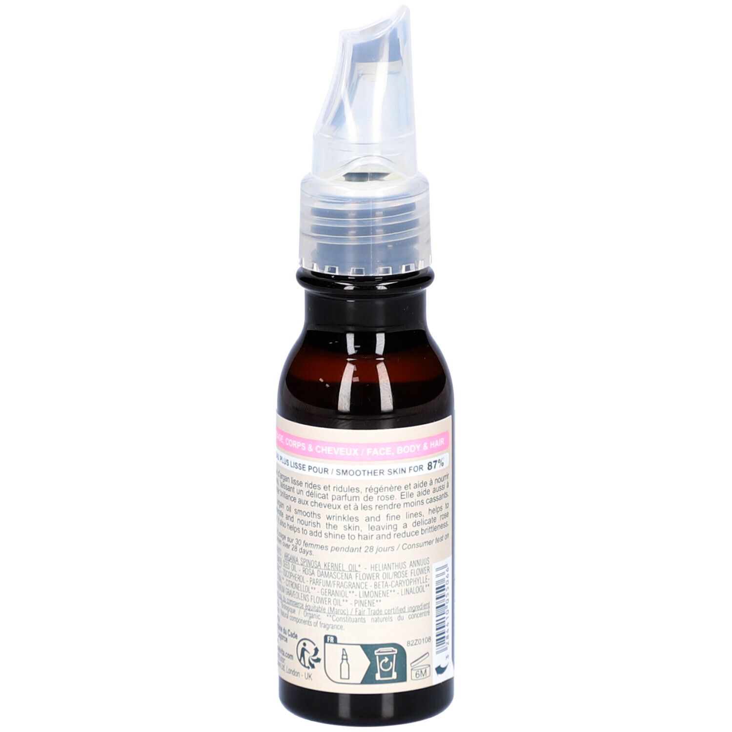 Braune Glasflasche mit Etikett. Text: Huile d'Argan Parfumée à la Rose. Anwendungshinweise für Haut und Haar.