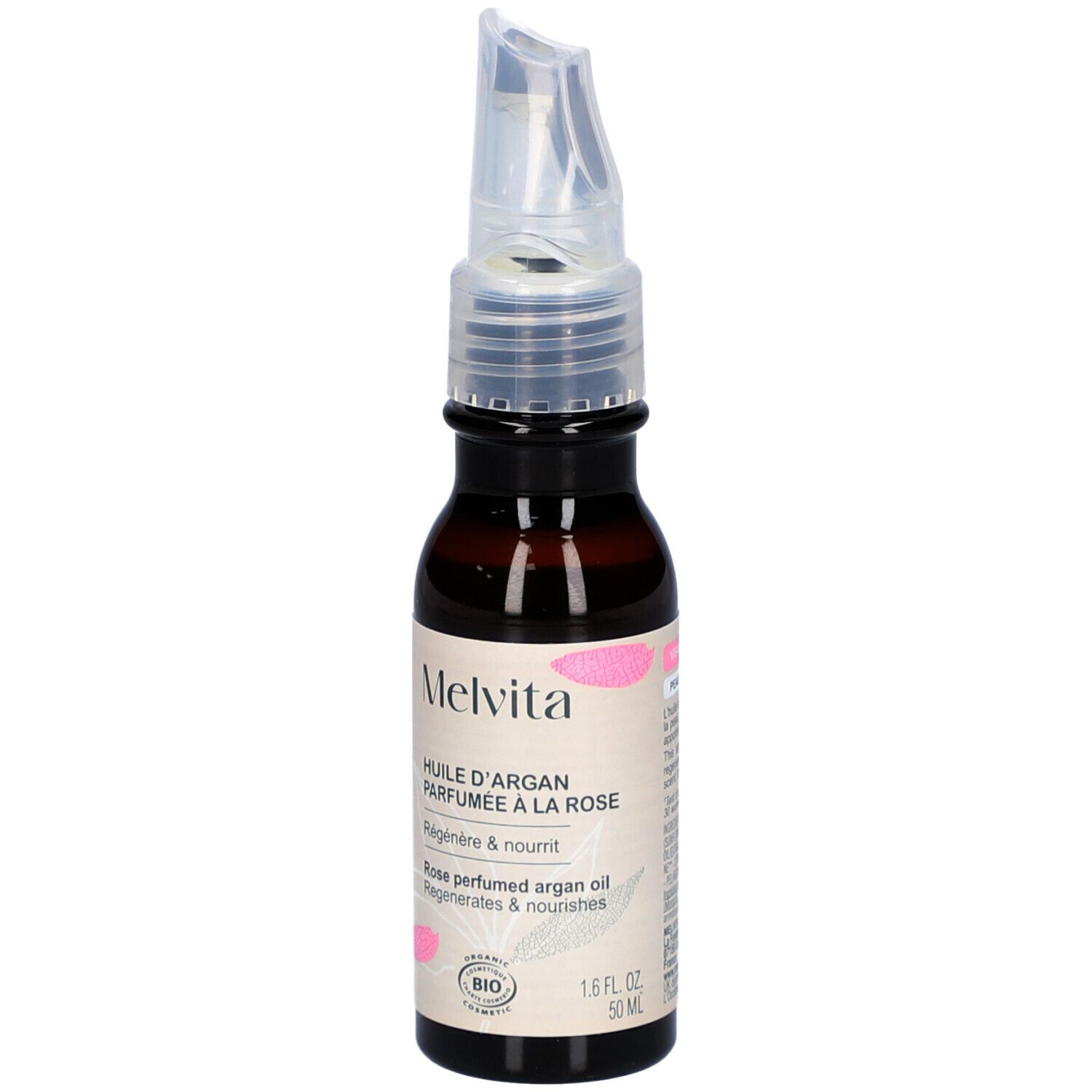 Braune Glasflasche mit Dosieraufsatz. Aufschrift: Melvita, Huile d'Argan Parfumée à la Rose. Bio-Zertifizierung.