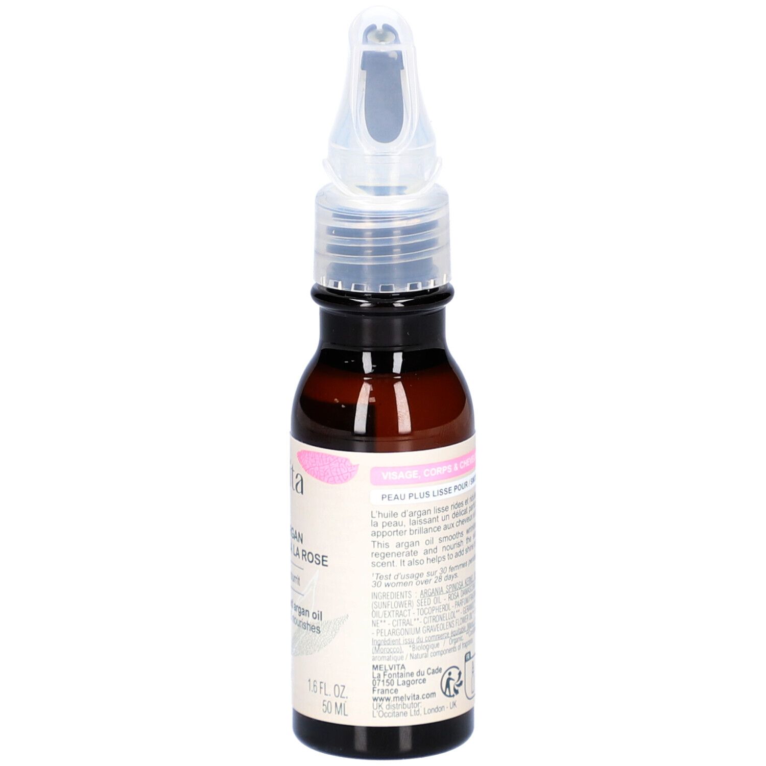 Braune Glasflasche mit Etikett. Text: Huile d'Argan Parfumée à la Rose. Anwendungshinweise. 50 ml.