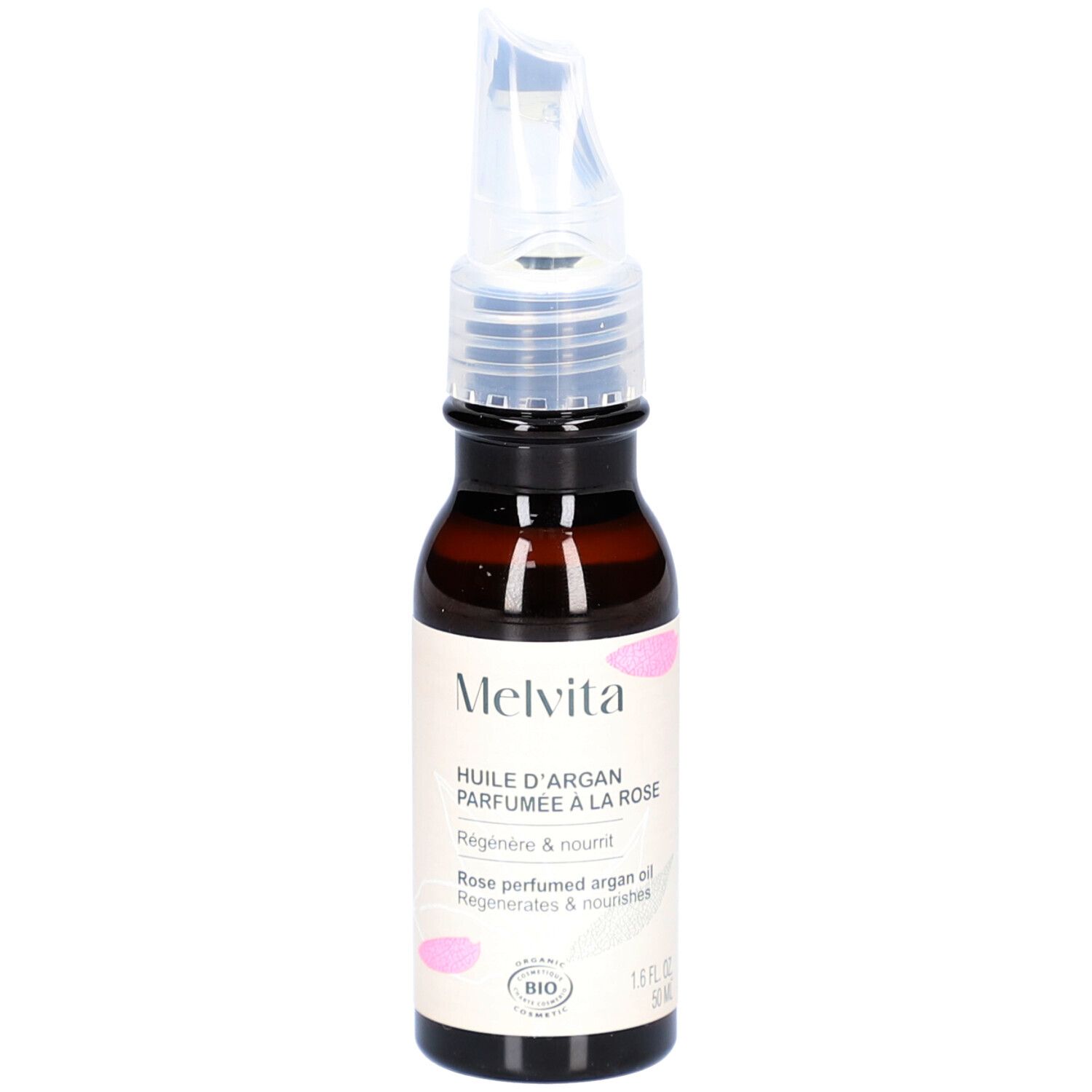Braune Glasflasche mit Dosieraufsatz. Aufschrift: Melvita, Huile d'Argan Parfumée à la Rose. Bio-Zertifizierung.