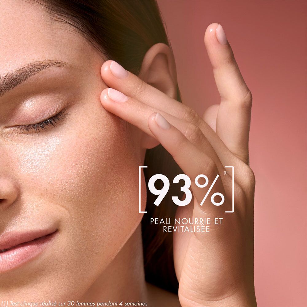 Nahaufnahme eines Gesichts. Hand berührt die Haut. Text: 93% Haut genährt und revitalisiert.