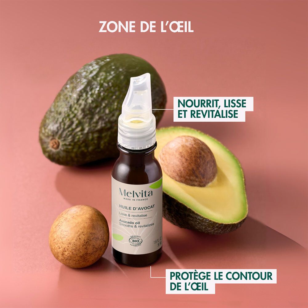 Avocadoöl-Flasche, Avocado und Avocadohälfte. Text: Nährt, glättet und revitalisiert. Für die Augenkontur.