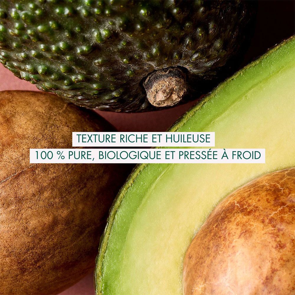 Avocado, Avocadohälfte. Text: Reichhaltige und ölige Textur. 100% rein, biologisch und kaltgepresst.