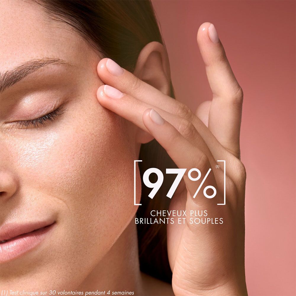 Gros plan d'un visage. Texte : 97% cheveux plus brillants et souples. Test clinique sur 30 volontaires.