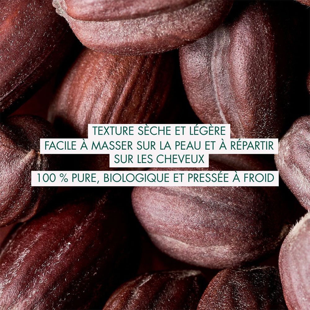 Gros plan de graines de jojoba. Texte : Texture sèche et légère. 100% pure, biologique et pressée à froid.