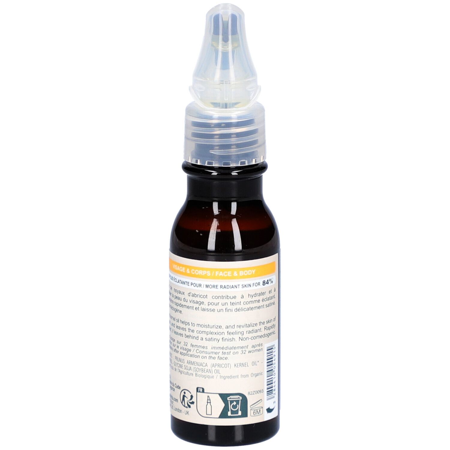 Braune Glasflasche mit Dosieraufsatz. Text: Huile de Noyaux d'Abricot. Angaben zur Anwendung. Bio-Siegel.