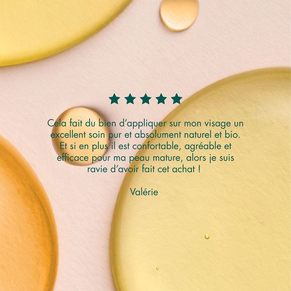 Gelbe Tropfen und Text. Text: Cela fait du bien d'appliquer... Valérie.