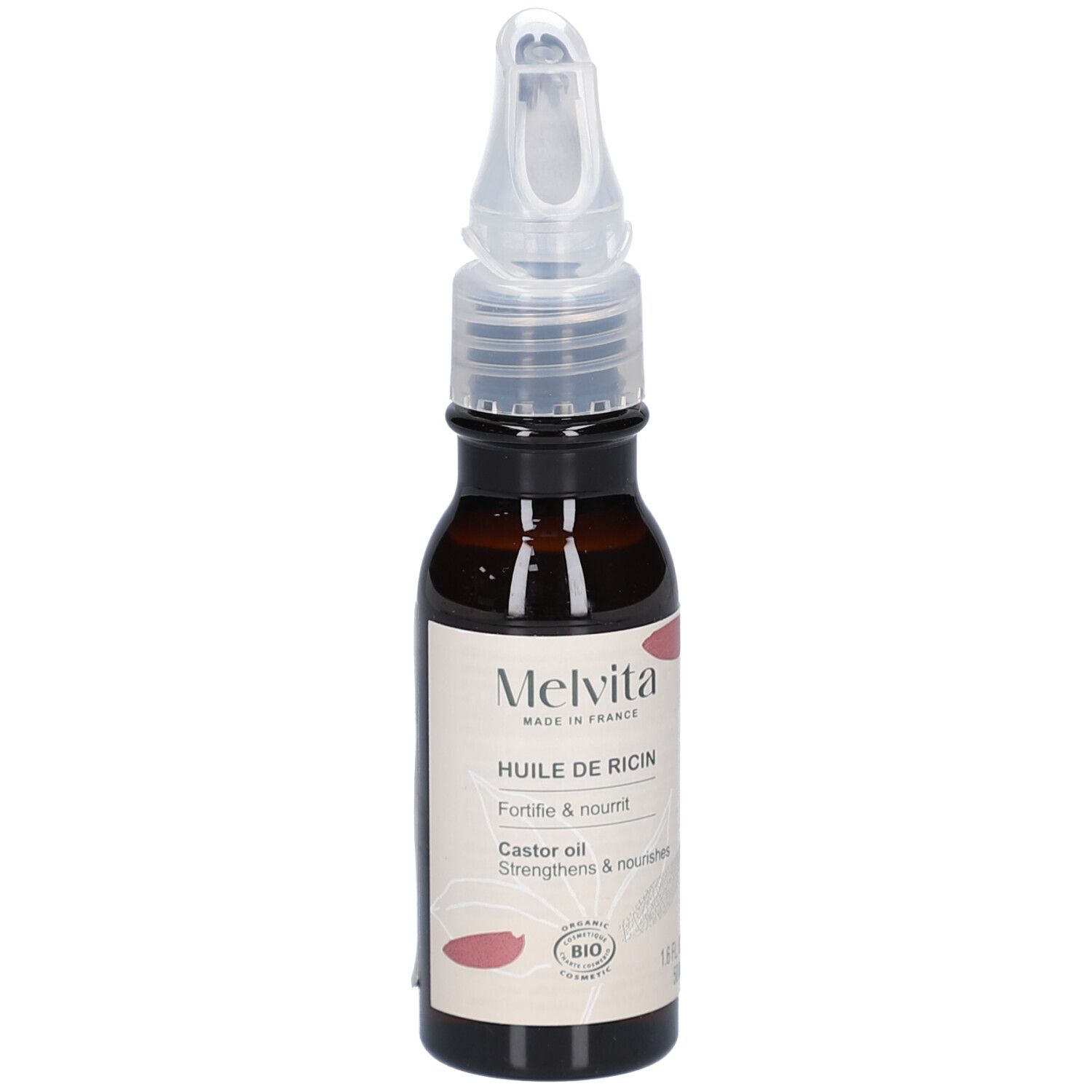 Flacon en verre brun avec applicateur. Étiquette "Huile de Ricin" et logo BIO. Fabriqué en France.