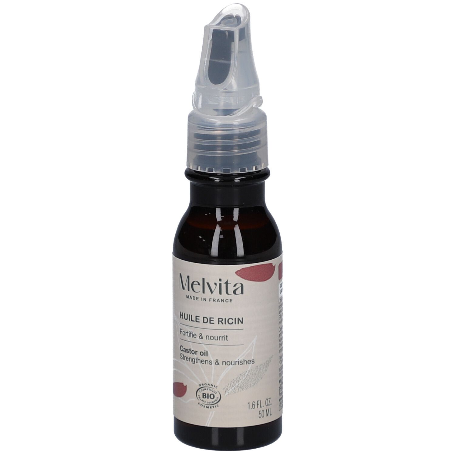 Flacon en verre brun avec applicateur. Étiquette "Huile de Ricin", logo BIO et indication de volume.