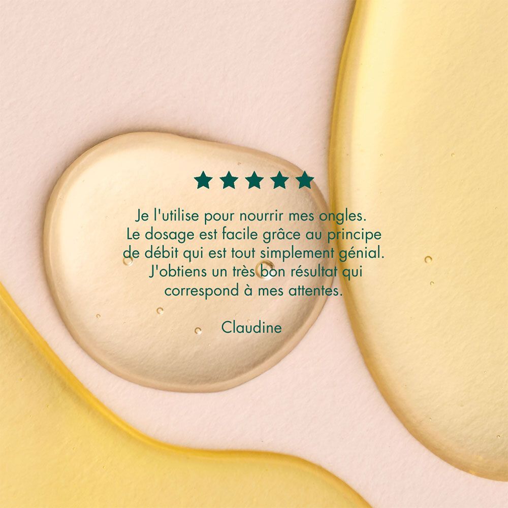 Nahaufnahme von Öltröpfchen. Text: Ich benutze es, um meine Nägel zu nähren. Einfache Dosierung.