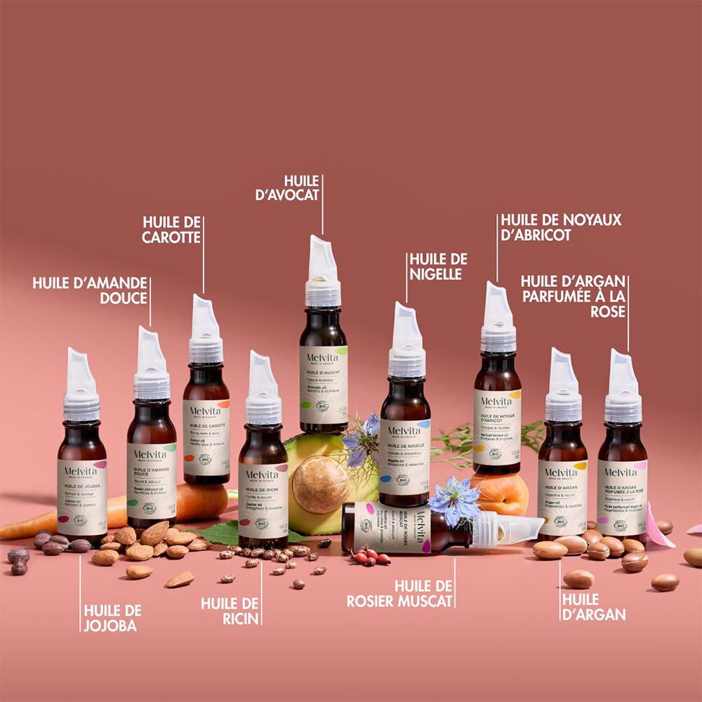 Verschiedene Melvita Bio-Ölflaschen. Huile de Ricin, Huile de Jojoba, Huile d'Argan, etc. BIO-Zertifizierung.