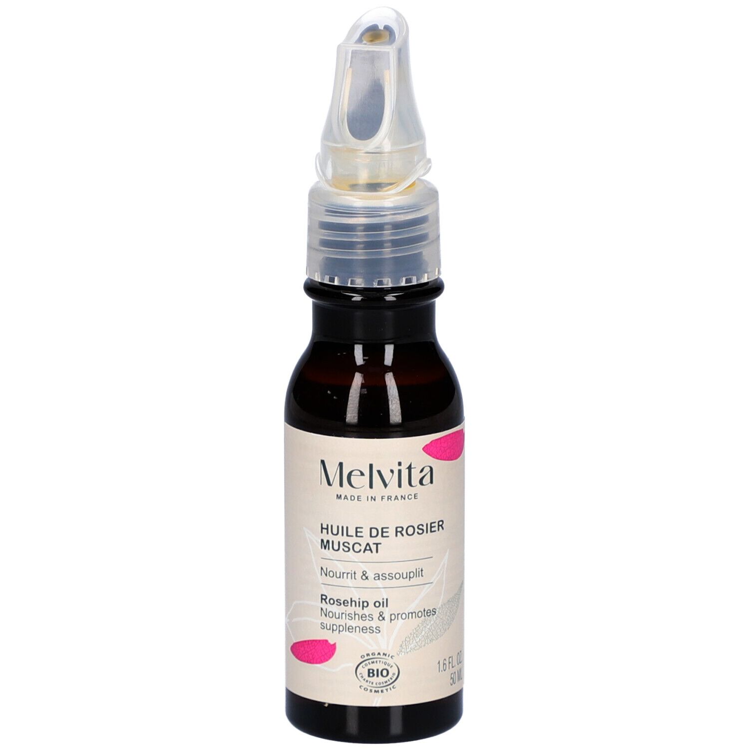 Flacon en verre brun avec applicateur. Inscriptions: MELVITA, Huile de Rosier Muscat, certification Bio.