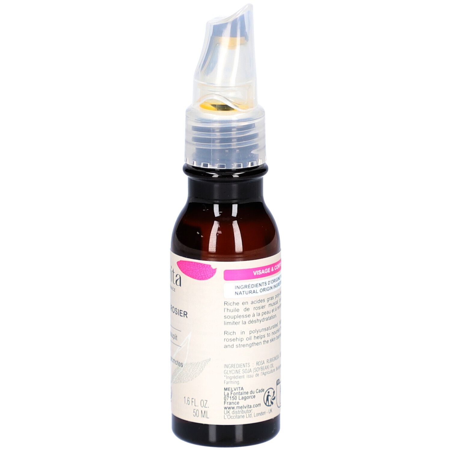 Flacon en verre brun avec applicateur. Inscriptions: MELVITA, Huile de Rosier Muscat, 1.6 FL. OZ. 50 ml, Visage & Corps.