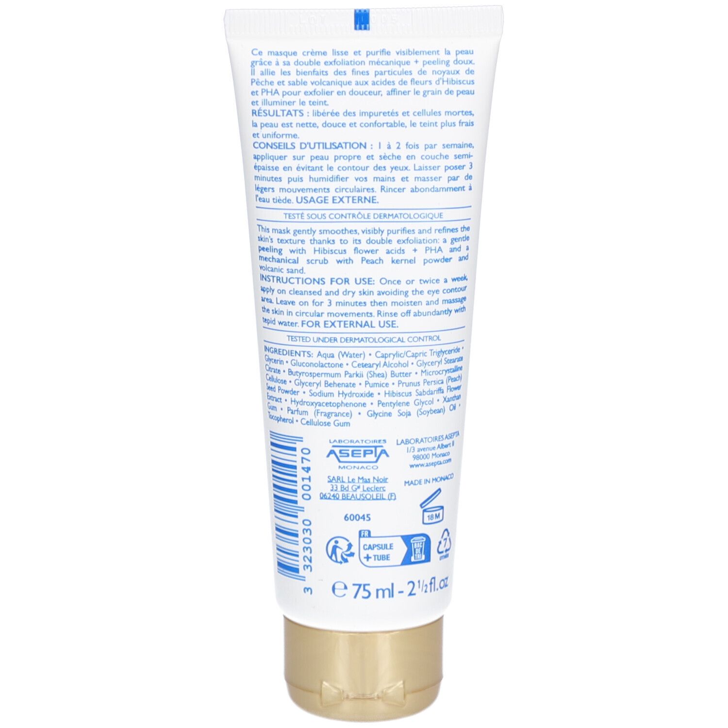 Rückseite der Tube. Text in mehreren Sprachen. Goldfarbener Verschluss. Volumen: 75 ml.