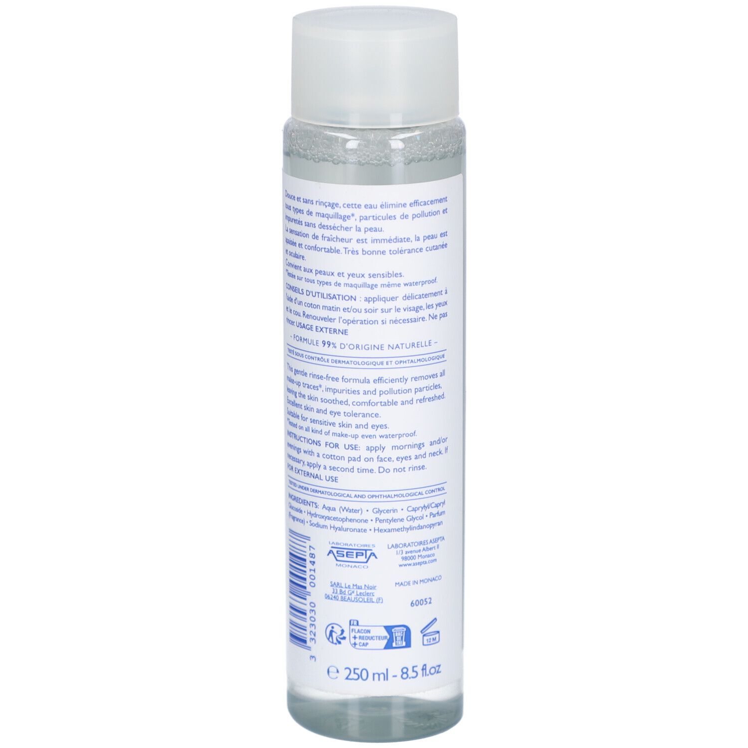 Rückseite der Flasche. Text in Französisch. Informationen über Inhaltsstoffe und Anwendung. Volumen: 250 ml.