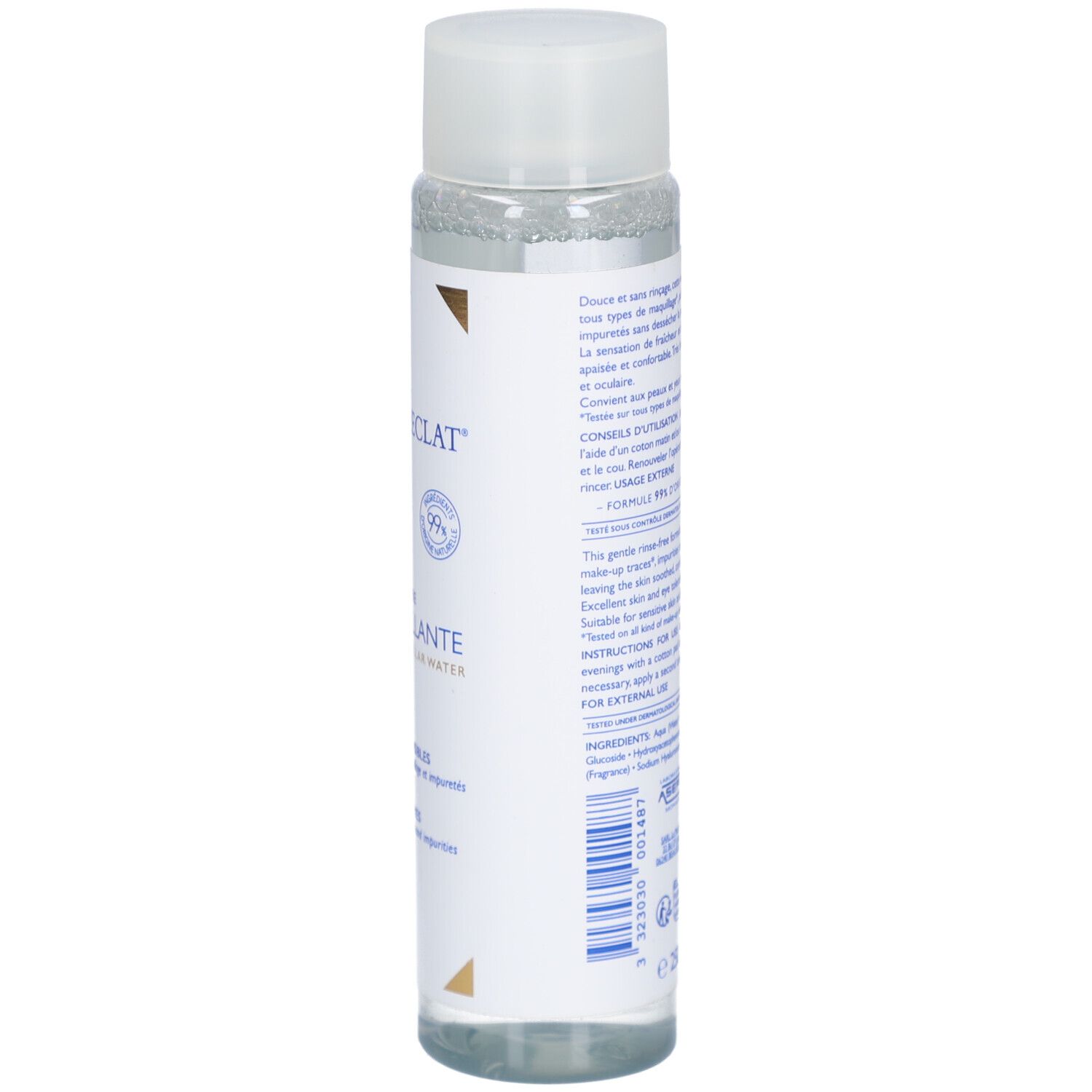 Rückseite der Flasche. Text in Französisch. Informationen über Anwendung und Inhaltsstoffe. Mit Logo.