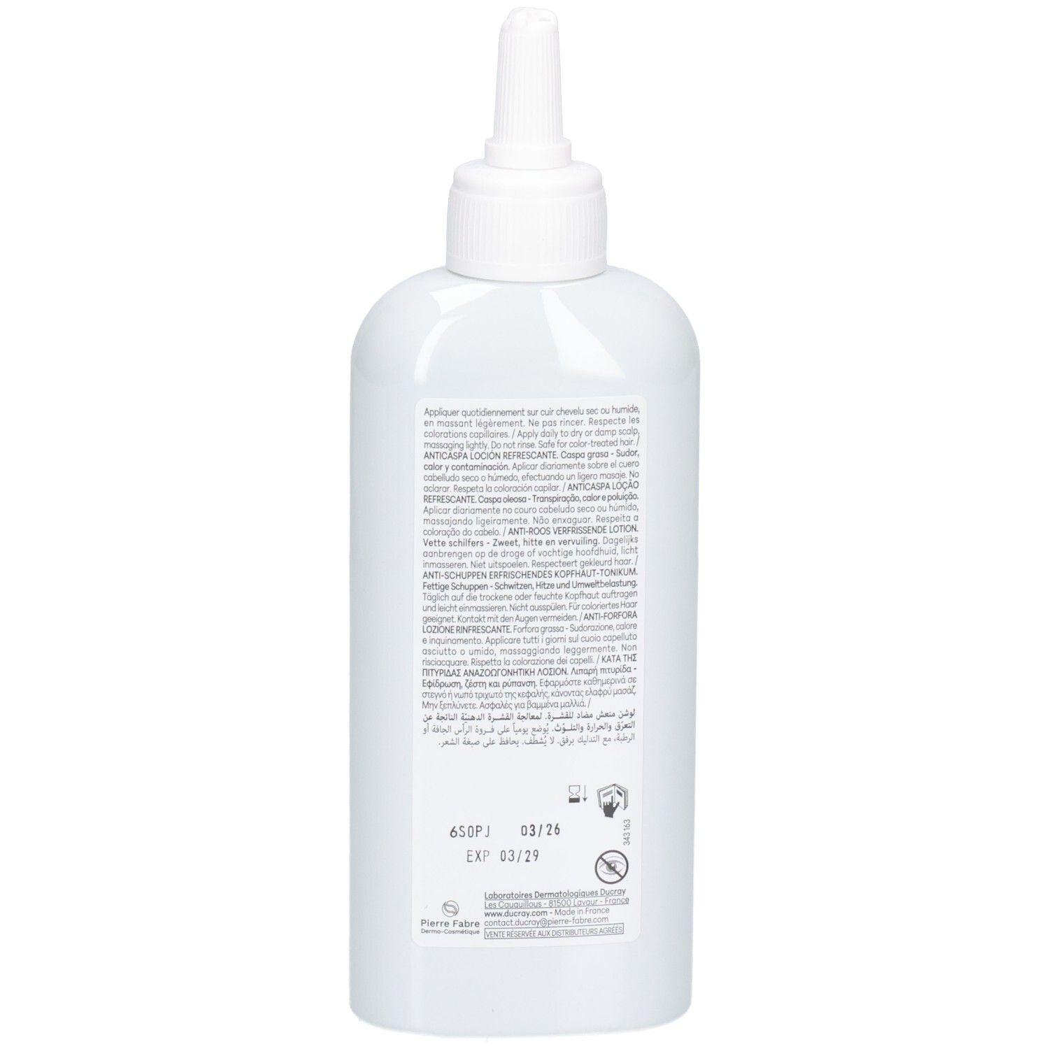 Rückseite der weißen Flasche. Text in mehreren Sprachen. Produktions- und Verfallsdatum.