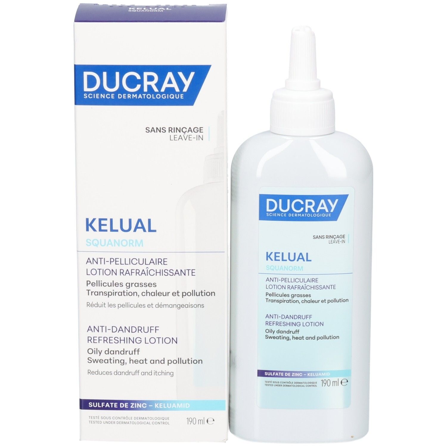 Produkt und Verpackung. Weiße Flasche und Karton. Blaue Beschriftung: Ducray, Kelual, Anti-Schuppen Lotion.