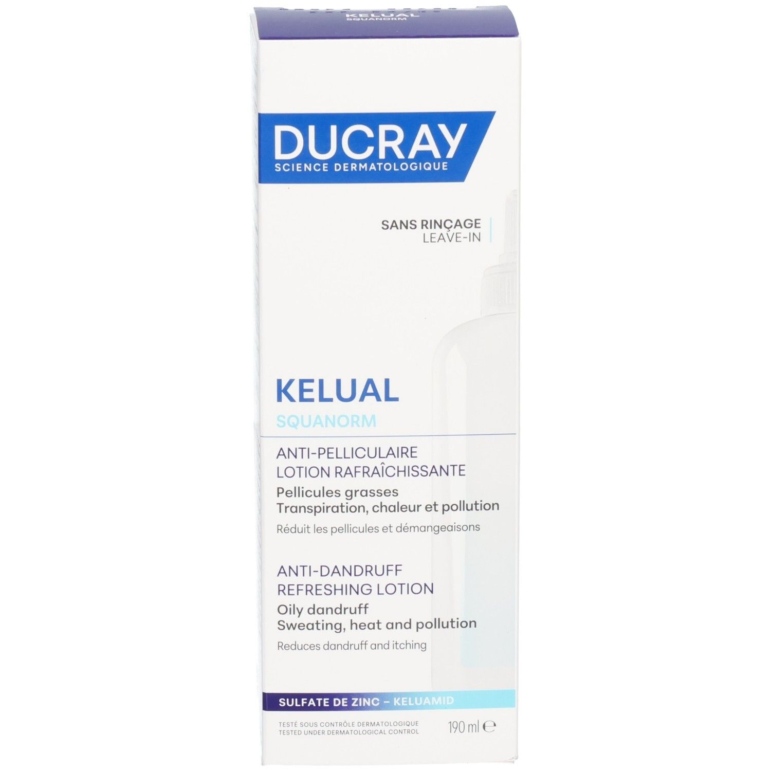 Kartonverpackung. Blaue Beschriftung: Ducray, Kelual, Anti-Schuppen Lotion. 190 ml.