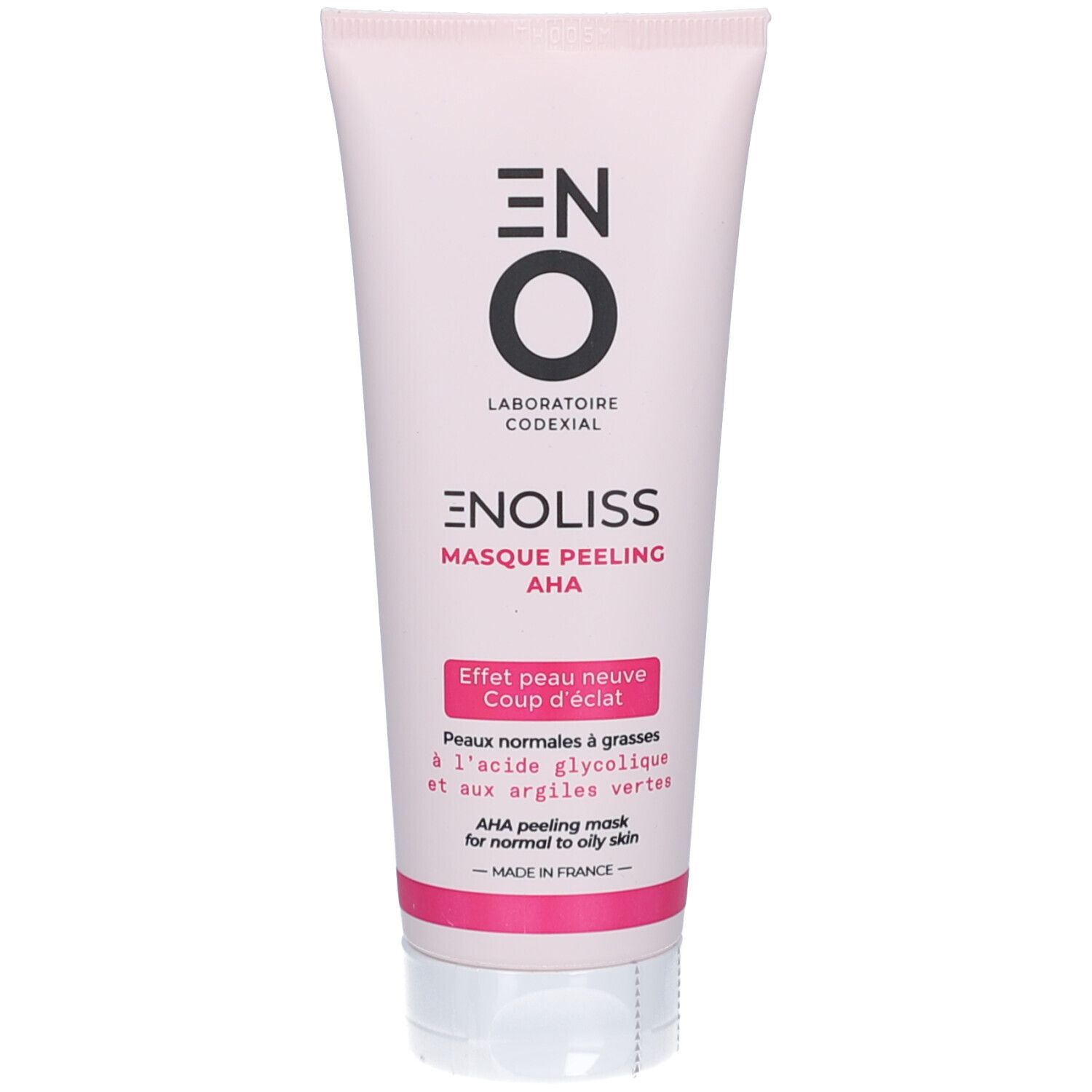 Rosa Tube mit weißem Verschluss. Aufschrift: ENOLISS MASQUE PEELING AHA. Text in Französisch und Englisch. Laboratoire Codexial.