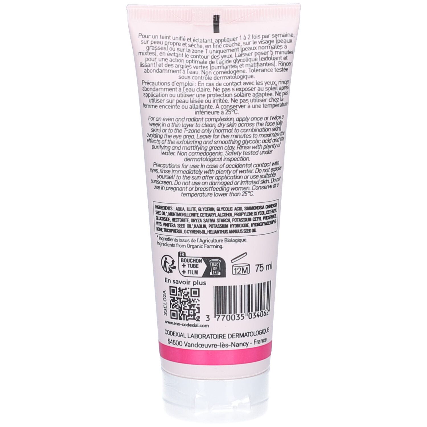 Rückseite einer rosa Tube. Text in Französisch und Englisch. Inhaltsstoffe und Informationen zur Anwendung. 75 ml.