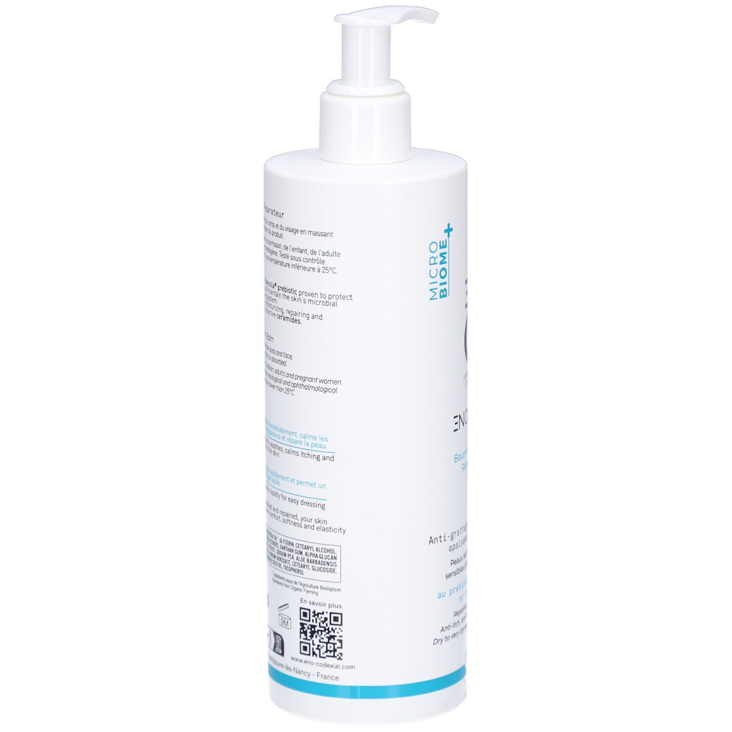 Rückseite der weißen Flasche. Text in mehreren Sprachen. QR-Code und Herstellerinformationen.