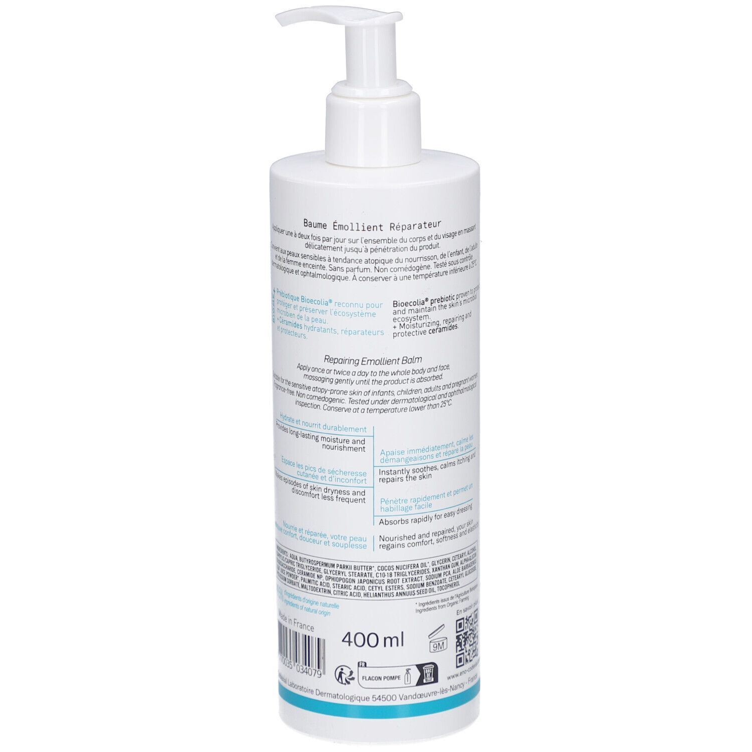 Rückseite der weißen Flasche. Text: 400 ml. Inhaltsstoffe und Herstellerinformationen.