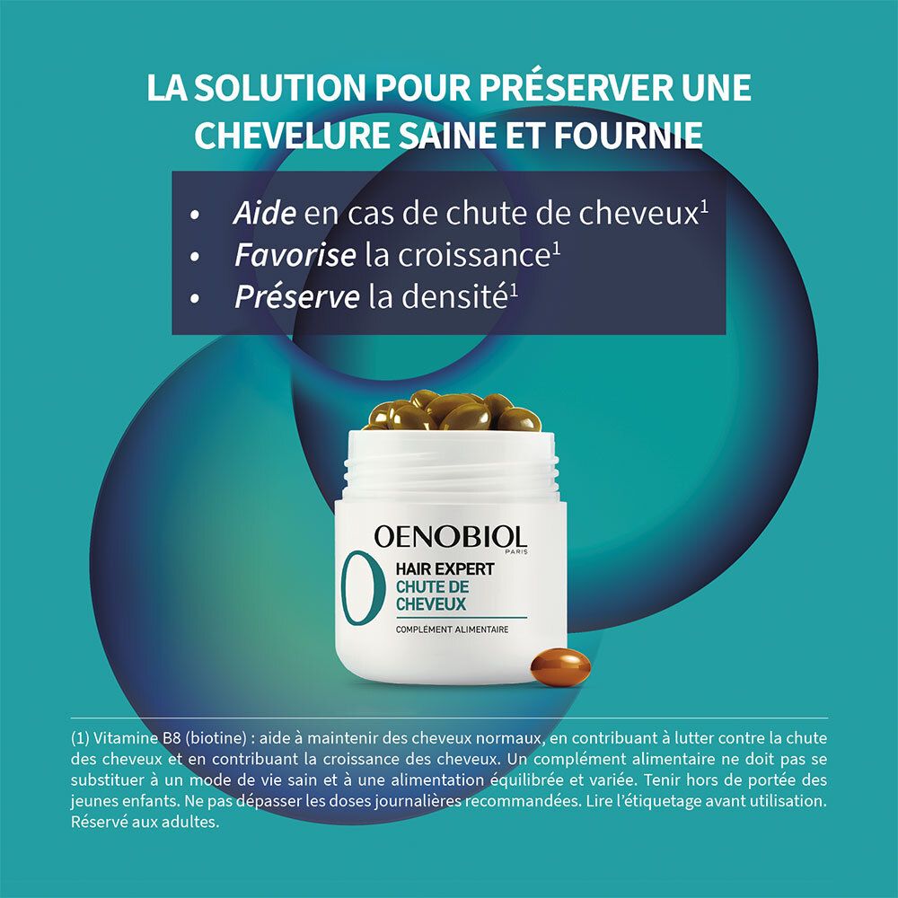 Pot blanc avec capsules. Texte: Solution pour cheveux sains. Avantages: chute, croissance, densité.