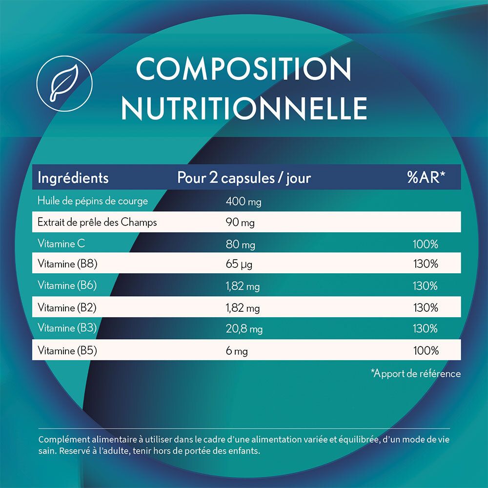 Tableau nutritionnel. Ingrédients et quantités pour 2 capsules. %AR. Vitamine B8, B6, B2, B3, B5, C.