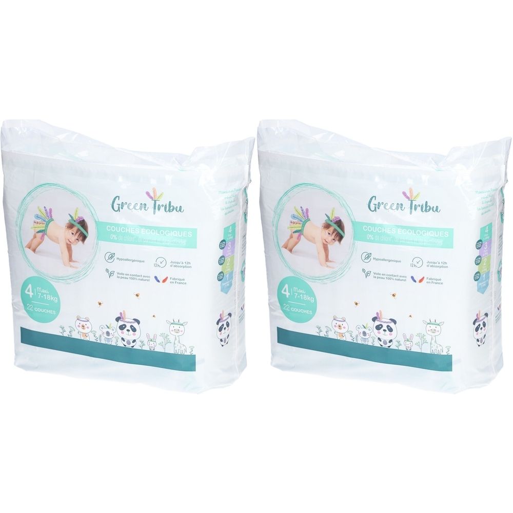 Zwei Packungen Windeln. Aufschrift "Green Tribu". Abbildung eines Babys. Größe 4. Ökologisch.