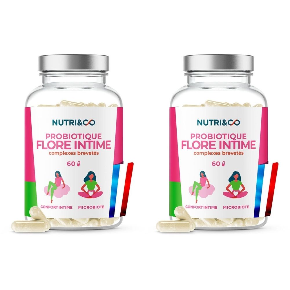 Zwei Flaschen NUTRI&CO Probiotique Flore Intime. Jede Flasche enthält 60 Kapseln. Aufschrift: Confort Intime, Microbiote.