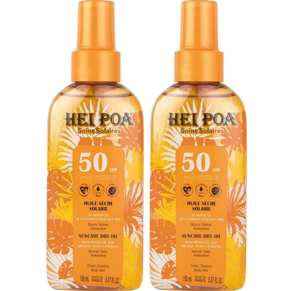 Deux flacons d'huile solaire SPF 50. Inscription: HEI POA, Huile Sèche Solaire. Emballage jaune-orangé avec motif floral.