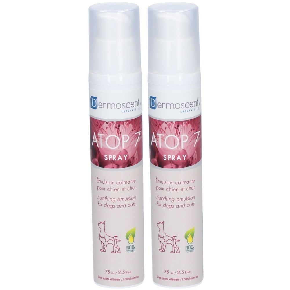 Deux flacons de spray blancs. Sur chaque flacon, on lit "Dermoscent ATOP 7 SPRAY".