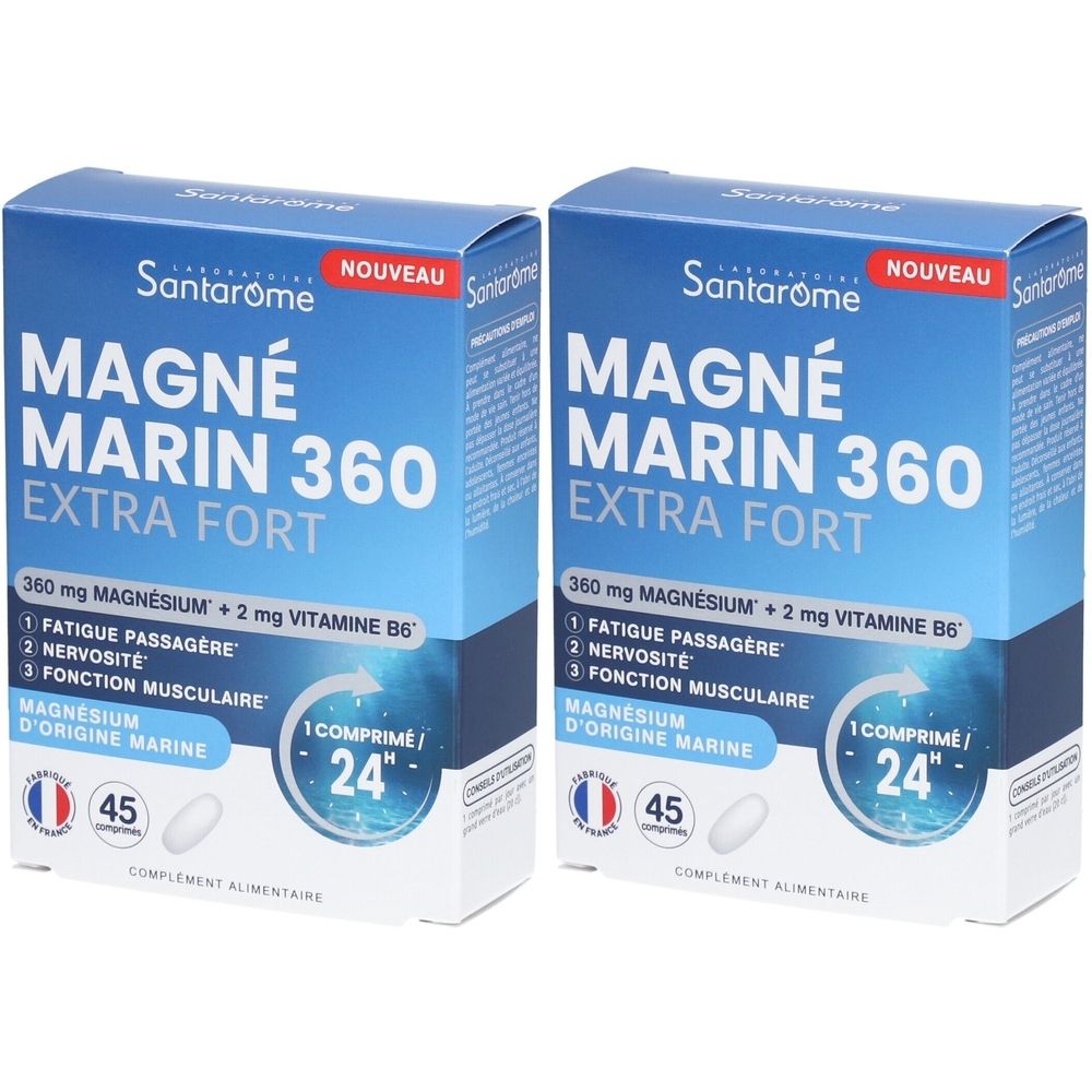 Zwei Schachteln Santarome Magné Marin 360 Extra Fort. Blaue Verpackung mit weißer Schrift. Enthält 45 Tabletten.