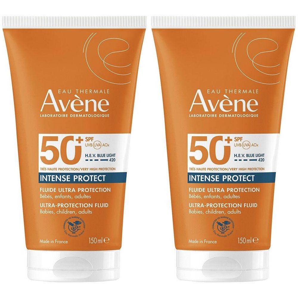 Deux tubes de crème solaire. Emballage orange avec texte blanc. Inscription : Avène, 50+ SPF, Intense Protect, Fluide Ultra-Protection.