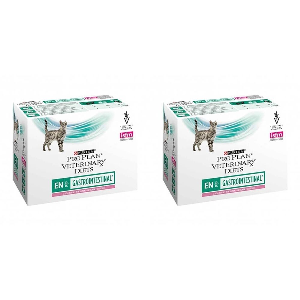 Deux boîtes PURINA PRO PLAN VETERINARY DIETS EN Gastrointestinal. Image d'un chat. Inscription EN et Gastrointestinal.