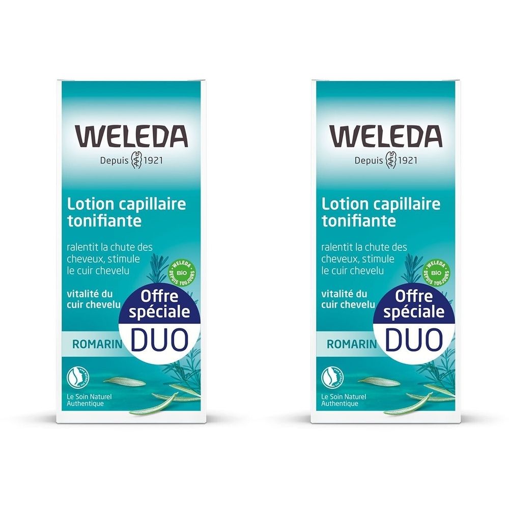 Zwei Packungen Weleda Lotion Capillaire Tonifiante. Aufschrift: Offre spéciale DUO. Mit Rosmarin-Logo.