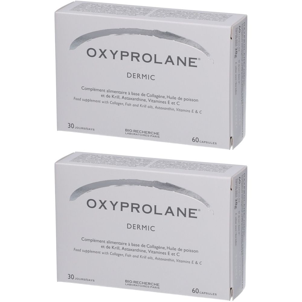 Deux boîtes blanches avec le texte OXYPROLANE DERMIC. Chaque boîte indique "30 capsules" et "60 capsules".